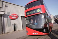 London mayor Boris Johnson drives the first Wrightbus-built ‘Bus for London’ off the Ballymena production line
