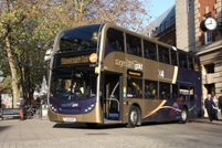 One of the ADL Enviro400-bodied Scanias is seen at the launch in Peterborough city centre on Friday