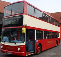 The specially liveried Transbus ALX400-bodied Dennis Trident 2