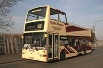 One of five Plaxton President-bodied Volvo B7s which have been converted to open top, sporting the bright new livery for the seafront fleet, using the fleet colours of burgundy and cream and based on a design submitted by a school pupil in Bridlington in the late seventies and used on much earlier EYMS open top buses