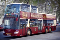Chinese-built sightseeing double deckers line up on London Bridge