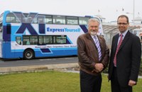 First’s Marc Reddy and Cllr Elfan Ap Rees, with Enviro400 in attendance
