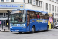 A megabusplus.com-branded Plaxton Volvo coach is seen in Victoria