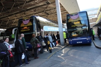 Passengers wait to board megabus services to Leeds and Cardiff at London’s Victoria Coach Station on October 10. Further Van Hool coaches will join the network this year