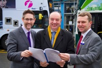 Cllr Leigh Bramall, SCC Cabinet Member for Transport, Transport Minister Norman Baker and David Brown, SYPTE Director General, pictured during Norman Baker’s visit to endorse the bus partnership in November 2012