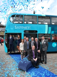 Sue Dobson (Sustainable Transport Manager),John Rochford (General Manager, Darlington Depot), Nick Knox (Area Managing Director, ANE), John Anderson (Assistant Director for Policy and Regeneration), Nigel Featham (Regional Managing Director, ANE) Jonathan Spruce (Project Director for TVBNI) and Norman Baker