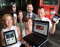 trent barton Commercial Director Alex Hornby with the firm’s customer services team of (left to right) Nicola Grebby, Jane Beaver, Adele Gillott and manager Steve Hathaway, alongside a trentbarton live-liveried bus