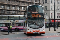 Subject to OFT approval, the sale will see First operate into South Manchester. Wright Gemini buses operated by Finglands and First are see here entering Piccadilly Gardens in the city centre