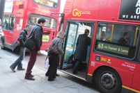 TfL estimated less than 1% of passengers pay bus fares with cash in London, with many of them doing so only because of a low balance on their Oyster card. Passengers board a 63 service at King’s Cross station