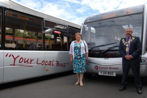 The Mayor, Cllr Robert Foote and Mayoress Rosemary Foote beside the new Silver Service-branded Optare Solos