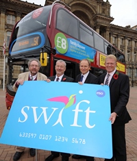 Cllr Roger Lawrence, left, Cllr John McNicholas, Peter Coates and Centro CEO Geoff Inskip launches the Swift Pay-as-you-go card