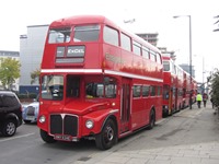 Ensignbus provided 20 buses for the ExCel exhibition centre. Seen here is one of the operator’s Routemasters leading a convoy which includes Metrobus M1. MARK CURRAN