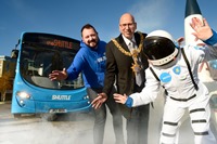 Trasdev CEO Alex Hornby and Mayor of Keighley Cllr Javaid Akhtar join a space-suited character at the launch