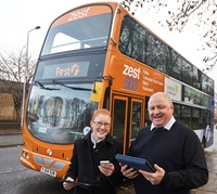 Holly Lynch MP with Dave Randle of First Bus using the new Zest WiFi