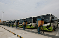 Some of the BYD K7 electric buses for Shanwei ready for operation at their recharging station. BYD