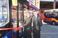 (L-R) The Mayor of Barnsley, Cllr Brian Mathers, and Paul Lynch, Managing Director of Stagecoach Yorkshire, unveil the new fleet at Oakwell Stadium