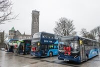 The lineup of new Stagecoach vehicles. (L-R) Envrio400 in standard Stagecoach livery, Volvo B11RT Plaxton Elite for use on the new Falcon express coach service, an Enviro400 in Plymouth Park & Ride livery and an Enviro200 MMC. MATT AUSTIN
