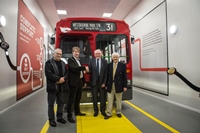 Sir Peter Hendy CBE – Chairman of Network Rail, Sam Mullins - Managing Director for London Transport Museum, Dr William Wright CBE of Wrightbus and Trevor Erskine, formerly of Wrightbus and now retired, with the Wright Handy DW15 Bus on a Dennis Dart chassis