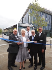 Cllr Joe Blackham, Cabinet Member for Regeneration and Transport; Mayor of Doncaster Ros Jones; Nathan Broadhead, Bus Network and Performance Manager, SYPTE;   John Young, Commercial Director, Stagecoach Yorkshire; and Daryll Broadhead, Operations Manager, First Doncaster 