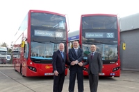 Phil Owen, Commercial Sales Director for Volvo Bus UK & Ireland, with Richard Harrington, Engineering Director for Go-Ahead London, and Ashraf Faswzi, Managing Director of MCV Bus & Coach Ltd – standing with two of the new Volvo B5LHs sporting the new MCV ‘Evoseti’ bodywork