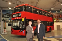 Steve Perks, HCT’s Group Engineering Director (right) receiving the first of 21 new Enviro400H City buses at Falkirk from Martin Brailey, ADL’s Sales Director for London and the South East
