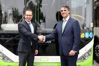 Otokar International Sales and Marketing Manager Berkan Sa?lam (left) shakes hands with Malta Public Transport Chairman Felipe Cosmen. OTOKAR