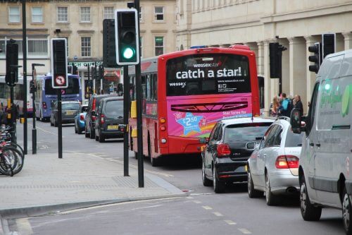 Members of Parliament who sit on the Transport Select Committee appear to have finally recognised that congestion is a major inhibitor in the operation of local bus services. This scene in the middle of Bath shows buses having to share roadspace with private cars. GARETH EVANS