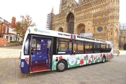 The Stagecoach East Midlands Poppy Bus, pictured outside Lincoln Cathedral, will run on services across the region all year round. STAGECOACH EAST MIDLANDS