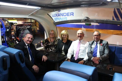 L-R: Charlie Miller (Regional Sales Manager, ADL), Christine Wright (Chairman of Blackpool Council), Jane Cole (Managing Director, Blackpool Transport), James Carney (Finance & Commercial Director, Blackpool Transport), Richard Matthews (Regional Sales Director; ADL), showcasing the social seating configuration in the upper saloon