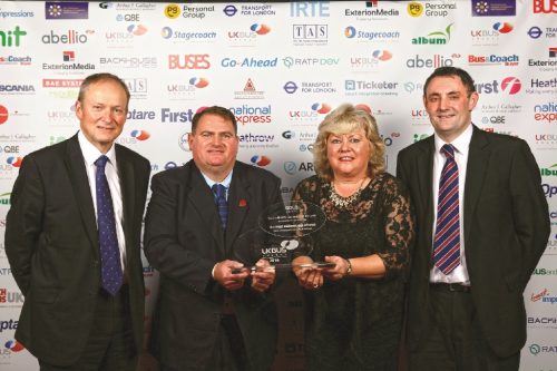 The Local Authority Bus Project of the Year Award was won by Transport for West Midlands (TfWM) and National Express West Midlamds (NXWM), seen here are; Peter Coates(NXWM), Ray Barry (NXWM), Hynda Waltho (CPT) and Matthew Finn (TfWM)