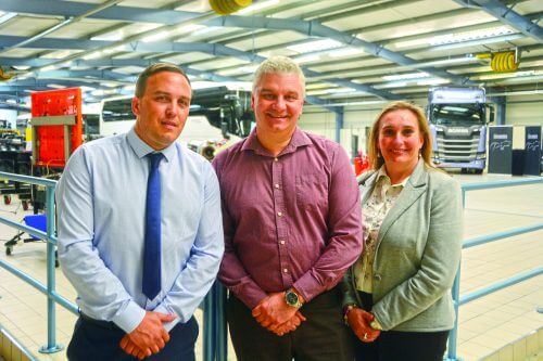 (l to r) Aaron McGrath, Mark Oliver and Laurence Medina committed to ensuring staff and customers are properly equipped to get the best from Scania products. ANDY IZATT