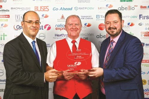 Teansdev Blazefield won the Peter Huntley Memorial Award for Making Buses and Better Choice, Heathrow Airport's Theo Panayi (sponsor) is seen with Transdev Blazefield's Gordon Mallon and Alex Hornby
