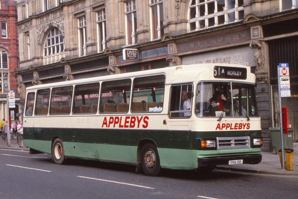 A former East Midlands Alexander T-type Leyland Leopard that had acquired a Plaxton grill and was still in Lincolnshire operator, Appleby’s livery when running for Black Prince past Leeds central market in April 1991