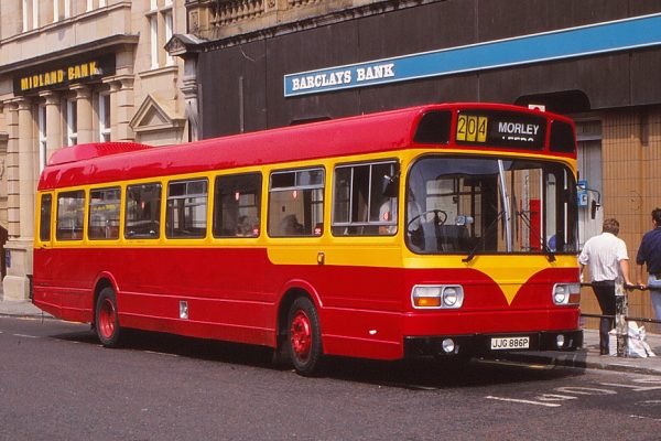 A Leyland National new in 1976 to East Kent with Black Prince outside Morley Town Hall in July 1989