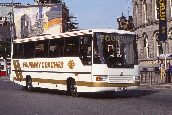 A Reeve Burgess-bodied Leyland Swift new in November 1991 to Fourway Coaches photographed in June 1992 passing the Corn Exchange in Leeds. The company is still in business today based in Guiseley