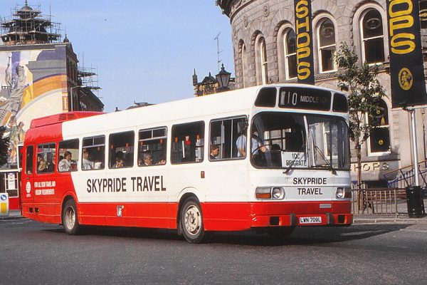A Leyland National new to South Wales in 1973, photographed in Leeds city centre in June 1992 with Barnsley-based Pride of the Road