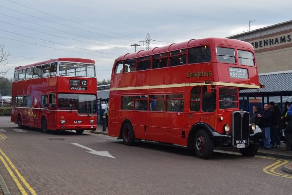 Two former London Transport vehicles from the Ensignbus fleet on the X55 (Upminster-Gravesend) were the lowbridge Weymann-bodied AEC Regent III repatriated from the USA and its 1976 Scania Metropolitan. KRIS LAKE