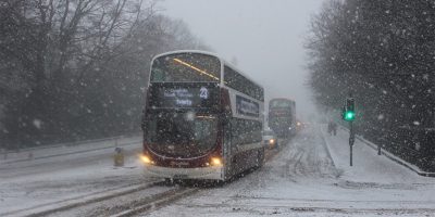 This wintry scene was taken by Stuart Montgomery in Edinburgh, who told CBW: “On February 28, Lothian’s Wrightbus Gemini 3-bodied Volvo B5TL number 402 (BN64 CDU) appears through the snow, gingerly descending Dundas Street around 1530hrs on a service 23.” A Majestic Tour double-decker can just be seen maintaining a safe distance behind