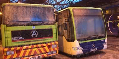 This was the sight that greeted Preston Bus Engineering Manager Paul Hilton at the operator’s Deepdale Road depot on March 1 at 0650hrs. Icicles formed on the Seddon Atkinson recovery truck and a Mercedes-Benz Citaro in spectacular style