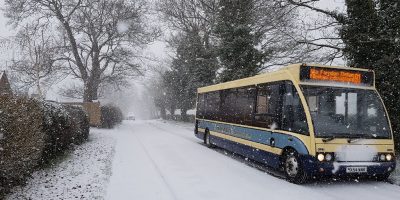 In falling snow on February 26, Marshalls of Sutton-on-Trent driver Dan Maidment captured this picture postcard scene in Elston, Newark. The Optare Solo is seen working route 91, which links Newark with Bingham