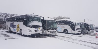 The calm before the storm: Lee Sutherland snapped this scene at the depot of AAA Coaches depot near Edinburgh before more snow fell