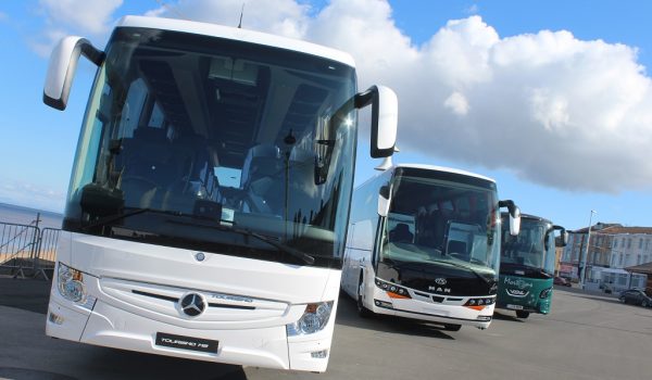 The trade exhibition area was well-supported. Pictured here are a Mercedes-Benz Tourismo from EvoBus UK and from Moseley, a stock Beulas and a VDL for Lucketts-owned Mortons of Basingstoke. SARAH CARTER