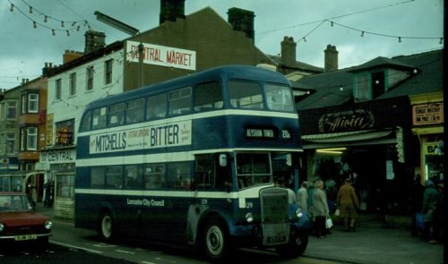 129 DTD is a former Lancaster Leyland PD2/41 with East Lancs body transferred to Morecambe, and is seen here operating on the Promenade in preference to an open topper on September 14, 1978. THOMAS KNOWLES