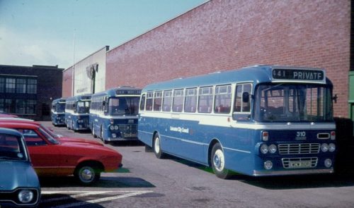 WCW 310R is seen here in a line-up of vehicles ready to depart from Walter Alexander’s Falkirk factory on April 13, 1977. There were 14 Leyland Leopards purchased new in 1977, and they were the most modern vehicles in the Lancaster fleet in 1978 – most of them lasted until the end of operations in August 1993. THOMAS KNOWLES