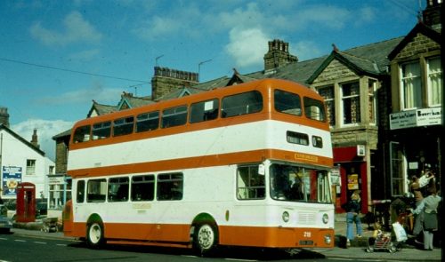 DBA 218C was a former Greater Manchester PTE MCCW-bodied Leyland Atlantean PDR1/1 that had been new to Salford City Transport. Seen here in Bowerham, Lancaster on September 19, 1978, having entered service earlier in the month still in PTE livery, this batch of a dozen buses had been purchased for converting from crew to one man operation in readiness for the Lancashire Agency operations. THOMAS KNOWLES