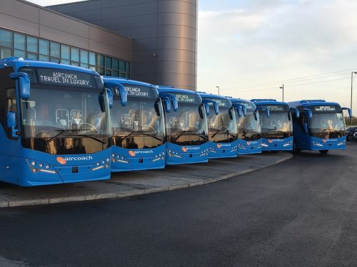 A lineup of the Volvo B11R/Plaxton Panther 3 