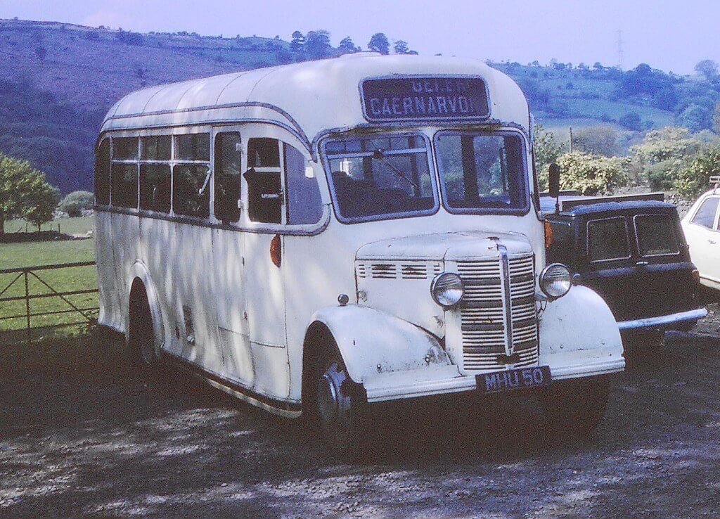 A 1949 Duple bus-bodied Bedford OB that had been new to Bristol Omnibus, photographed at Whiteways garage, Waunfawr in June 1975