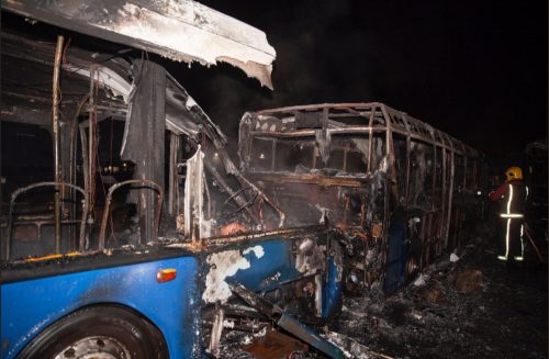 The suspected arson attack destroyed six vehicles at Diamond Bus' Hallbridge Way depot. JOHN KENNETT/WEST MIDLANDS FIRE SERVICE
