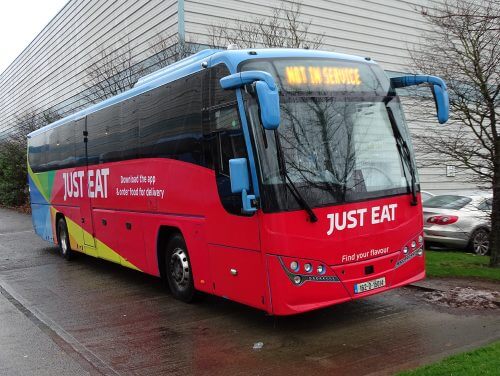 Another revenue stream for Aircoach is all-over advertising and megarears. C27 carries a striking Just Eat wrap. RICHARD SHARMAN