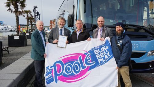 L to R: Graham Richardson, Bournemouth & Poole Tourism Liaison Manager, John Burch, CPT SW Regional Manager, Cllr John Challinor, Tourism Portfolio Holder, Borough of Poole, Adam Keen, General Manager for Morebus, Excelsior, Damory and National Express and Dave Reece, Poole BID Welcome Ambassador